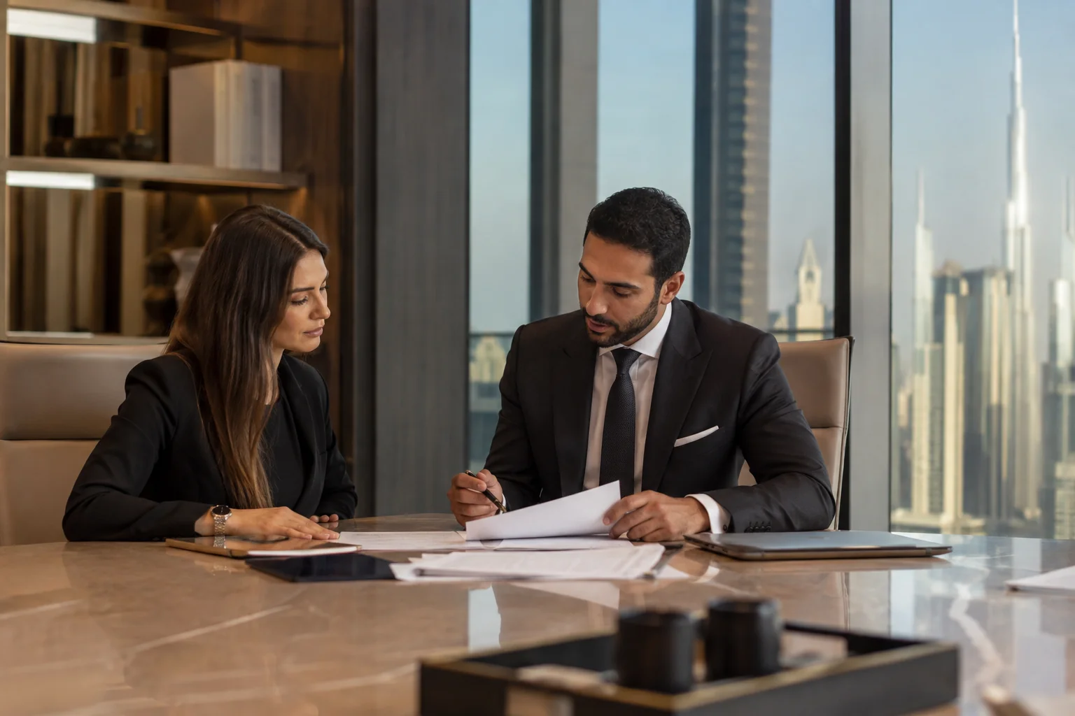 Property advisors reviewing documents in a Dubai office