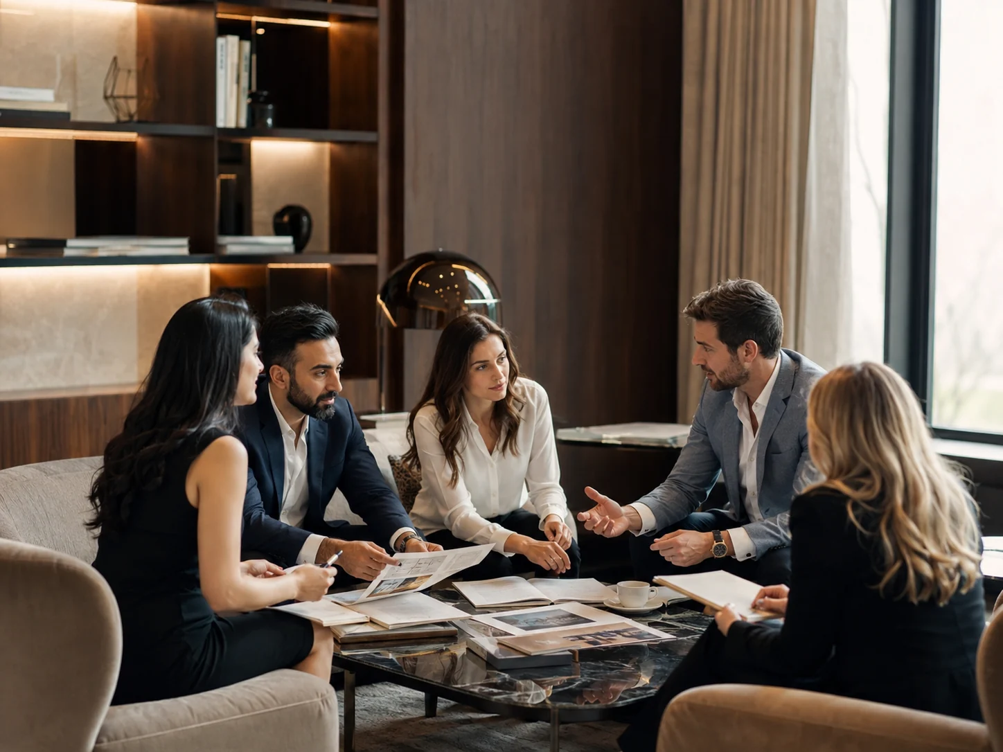 Professional advisory team collaborating naturally in a refined office