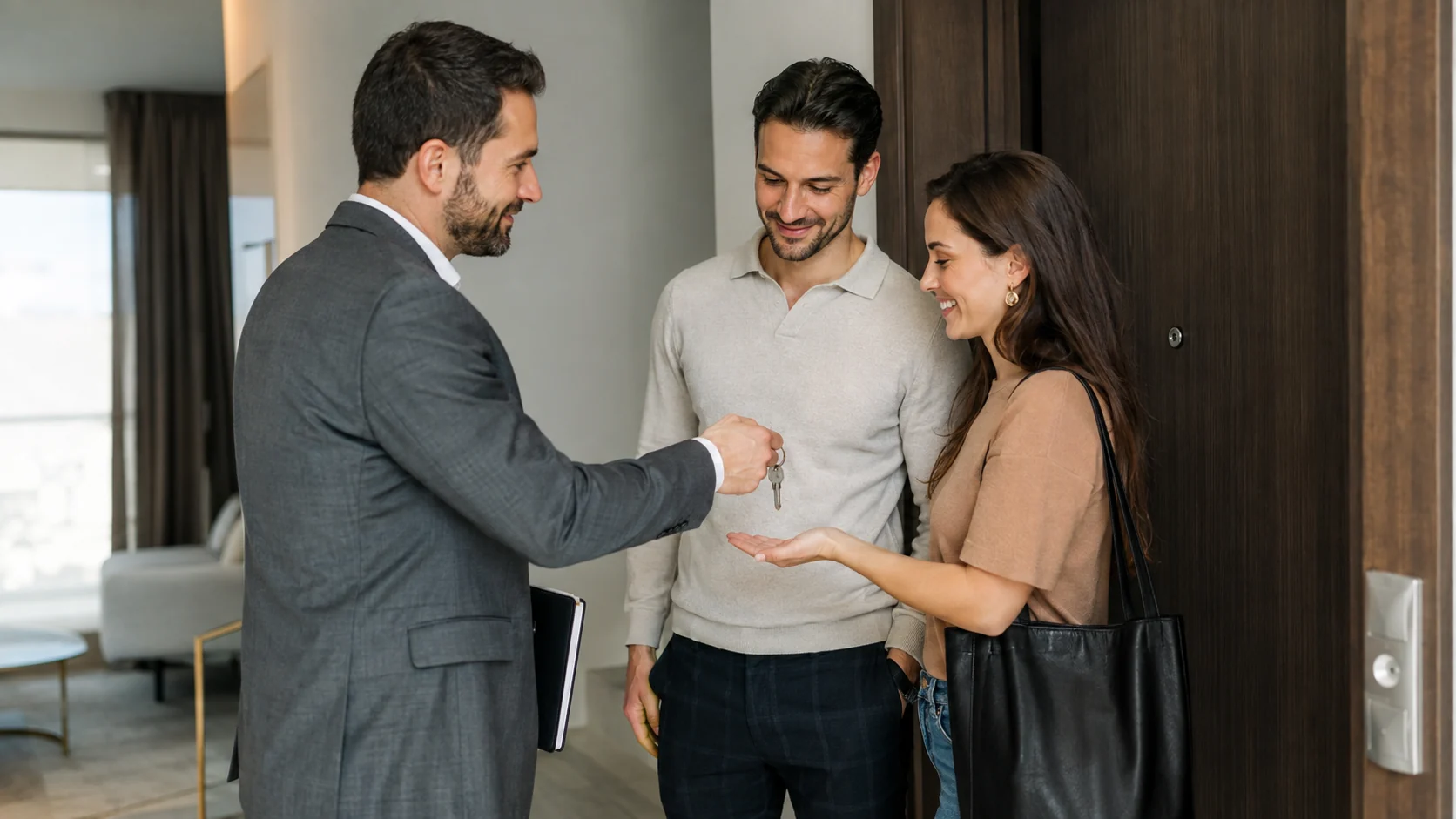 Property advisor handing over the keys to new homeowners